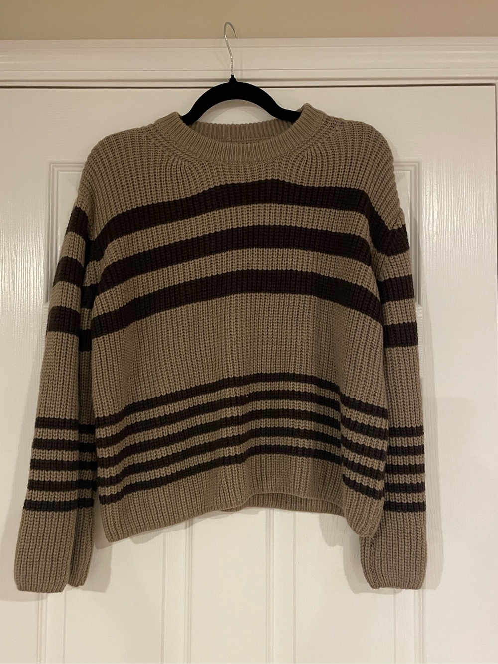 Women’s Chunky Striped Crewneck Sweater - Beige and Dark Brown by Commense